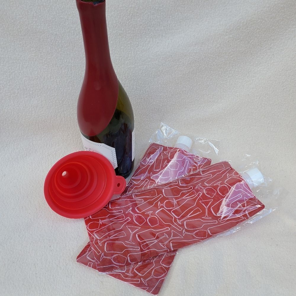 Foldable travel wine pouch bags and collapsible funnel - 3 piece set
